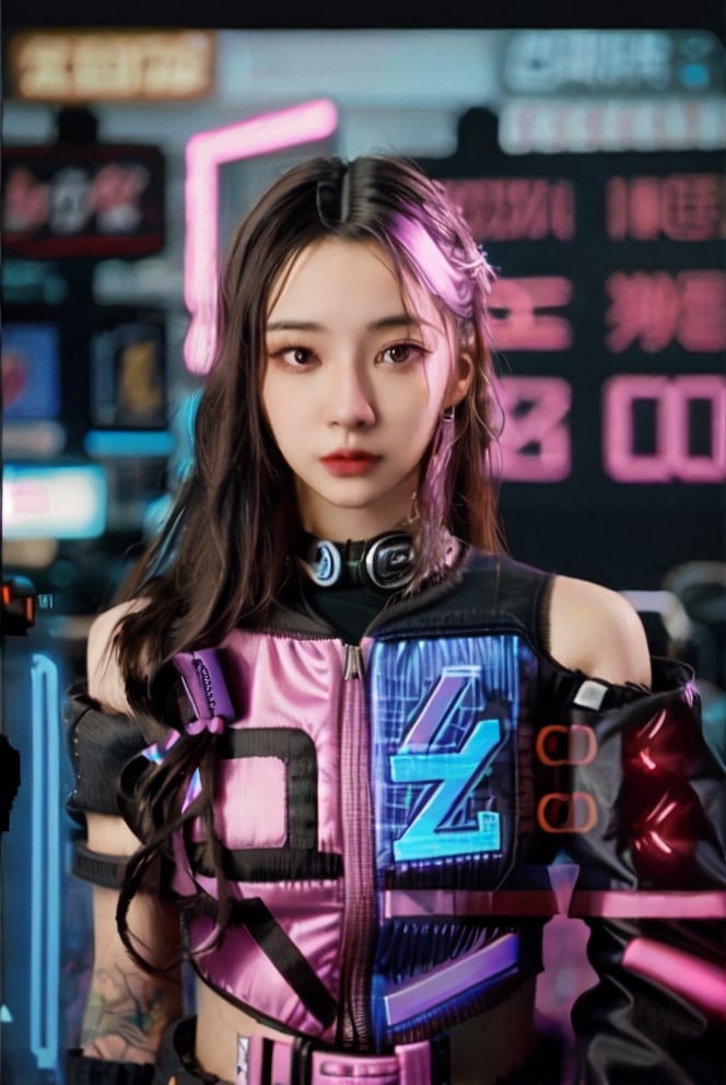 long hair,  jewelry,  1girl,  looking at viewer,  ((blurry background)), 26 year-old girl,cyberpunk style,cyberpunk suit