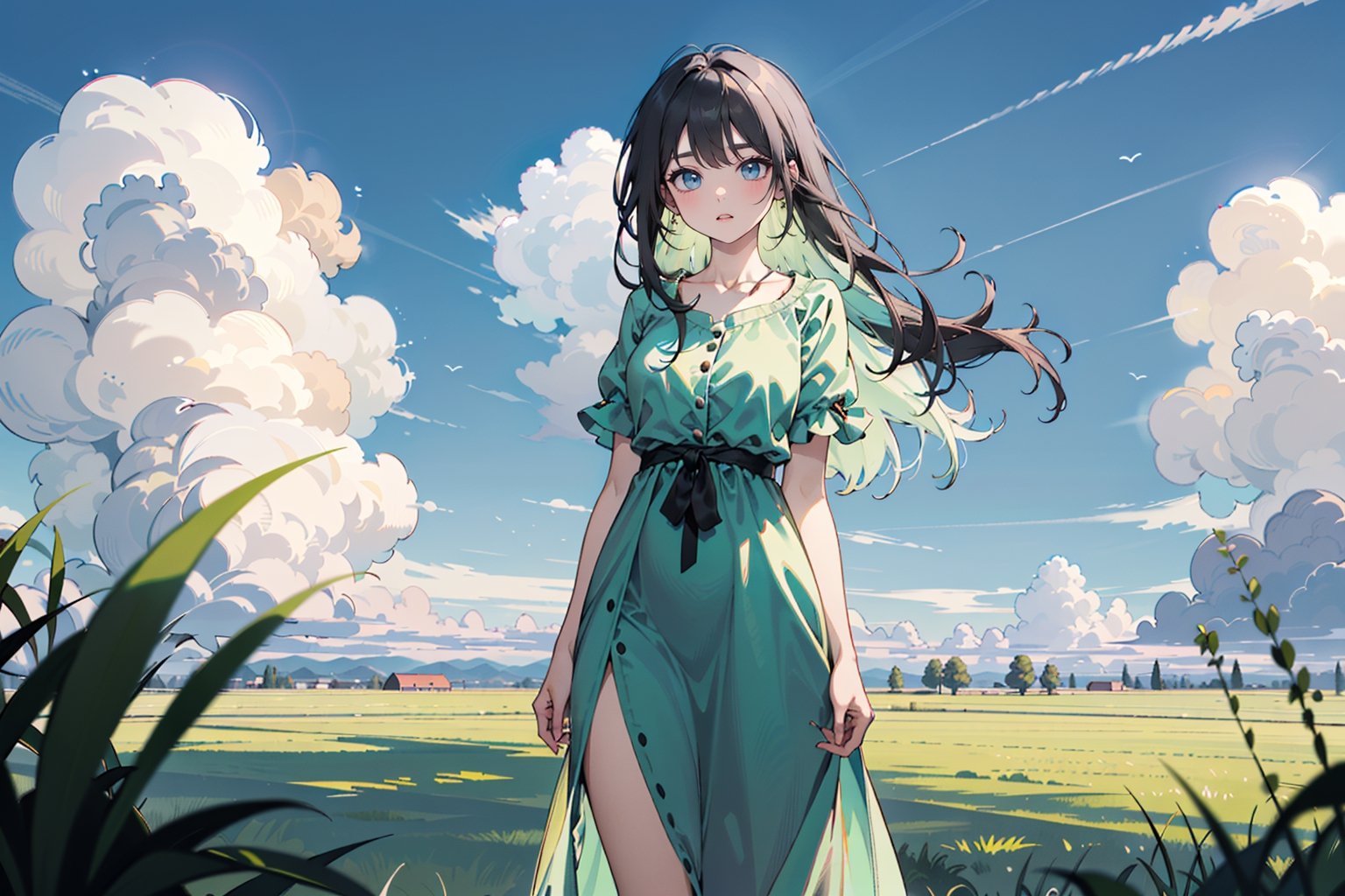 cute girl in a long dress in the middle of a field, lots of green grass, the background is blue sky with big fluffy clouds, hands behind back