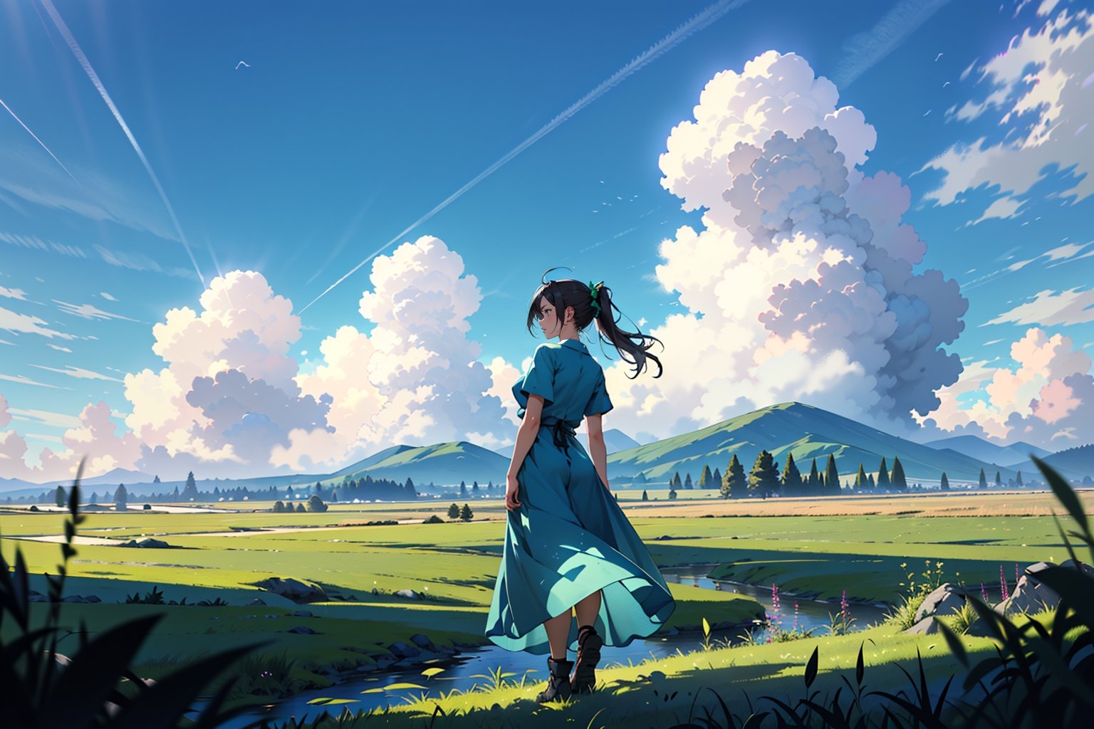 cute girl in a long dress in the middle of a field, lots of green grass, the background is blue sky with big fluffy clouds, hands behind back