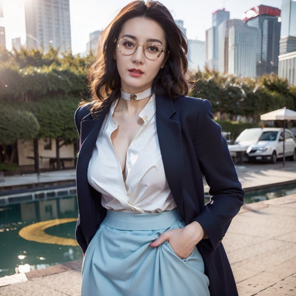 Masterpiece,best quality,official art asian,teen, long brunette curly hair, sky blue formal suit, ,choker,glasses dynamic lighting,Portrait,dream_girl,Photorealism, dynamic pose,flash, sexy pose, lifting skirt