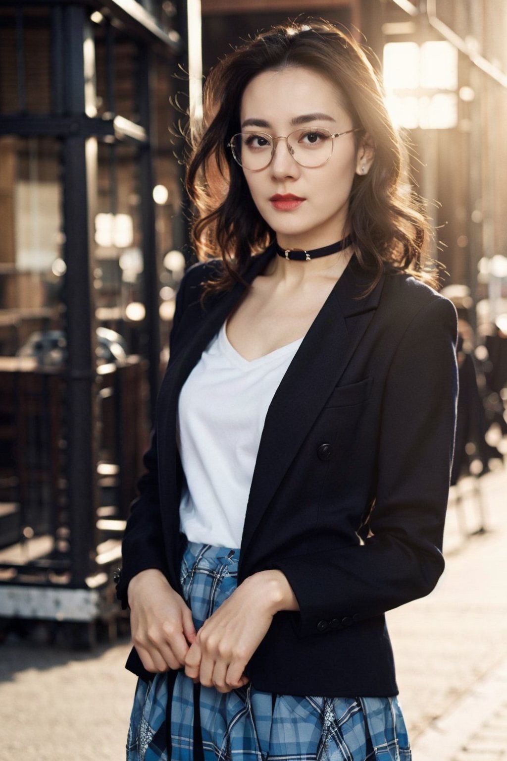 Masterpiece,best quality,official art asian,teen, long brunette curly hair, sky blue formal suit,choker,glasses dynamic lighting,Portrait,dream_girl,Photorealism,flash, skirt lifting, dynamic pose