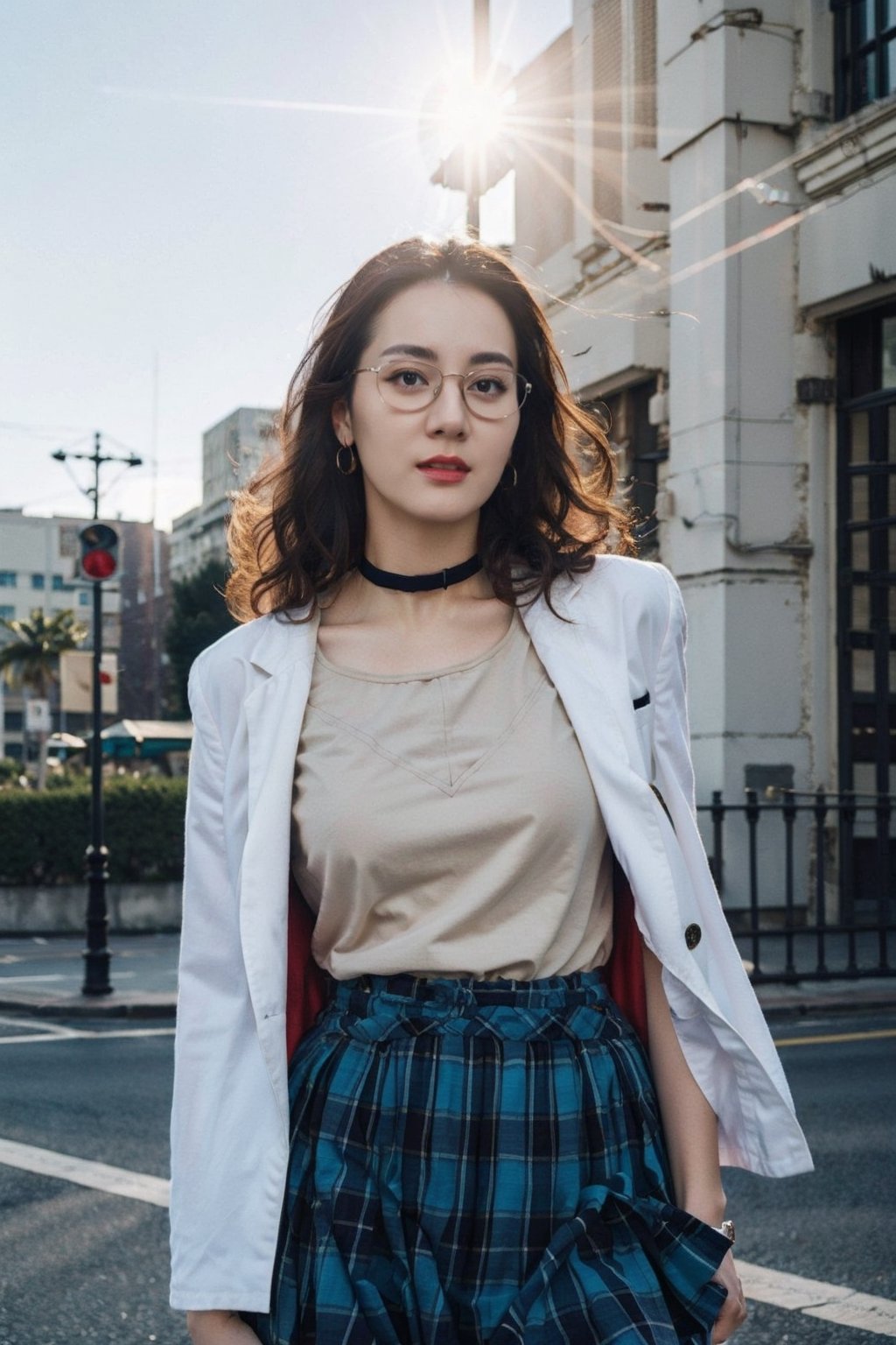 Masterpiece,best quality,official art asian,teen, long brunette curly hair, sky blue formal suit,choker,glasses dynamic lighting,Portrait,dream_girl,Photorealism,flash, skirt lifting, dynamic pose