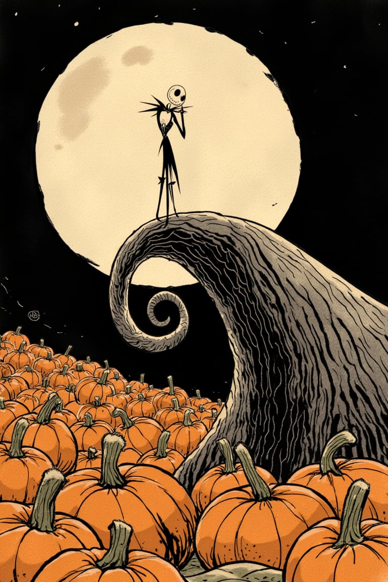 Jack Skellington from The Nightmare Before Christmas, in a pumpkin patch, at night, moon, ink on paper, creepy