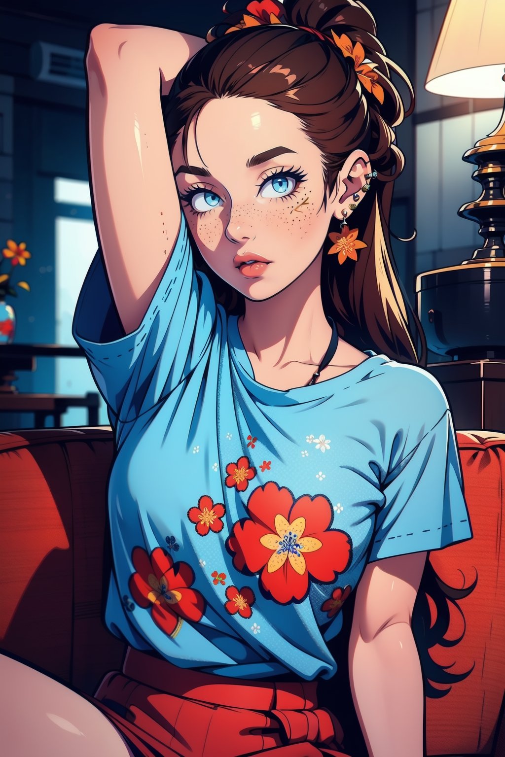 1girl, solo, long hair, looking at viewer, blue eyes, brown hair, shirt, jewelry, upper body, ponytail, short sleeves, earrings, parted lips, blurry, arm up, lips, head tilt, tattoo, floral print, freckles, realistic, nose, red lips, arm tattoo, print shirt, flower tattoo, lay down on sofa