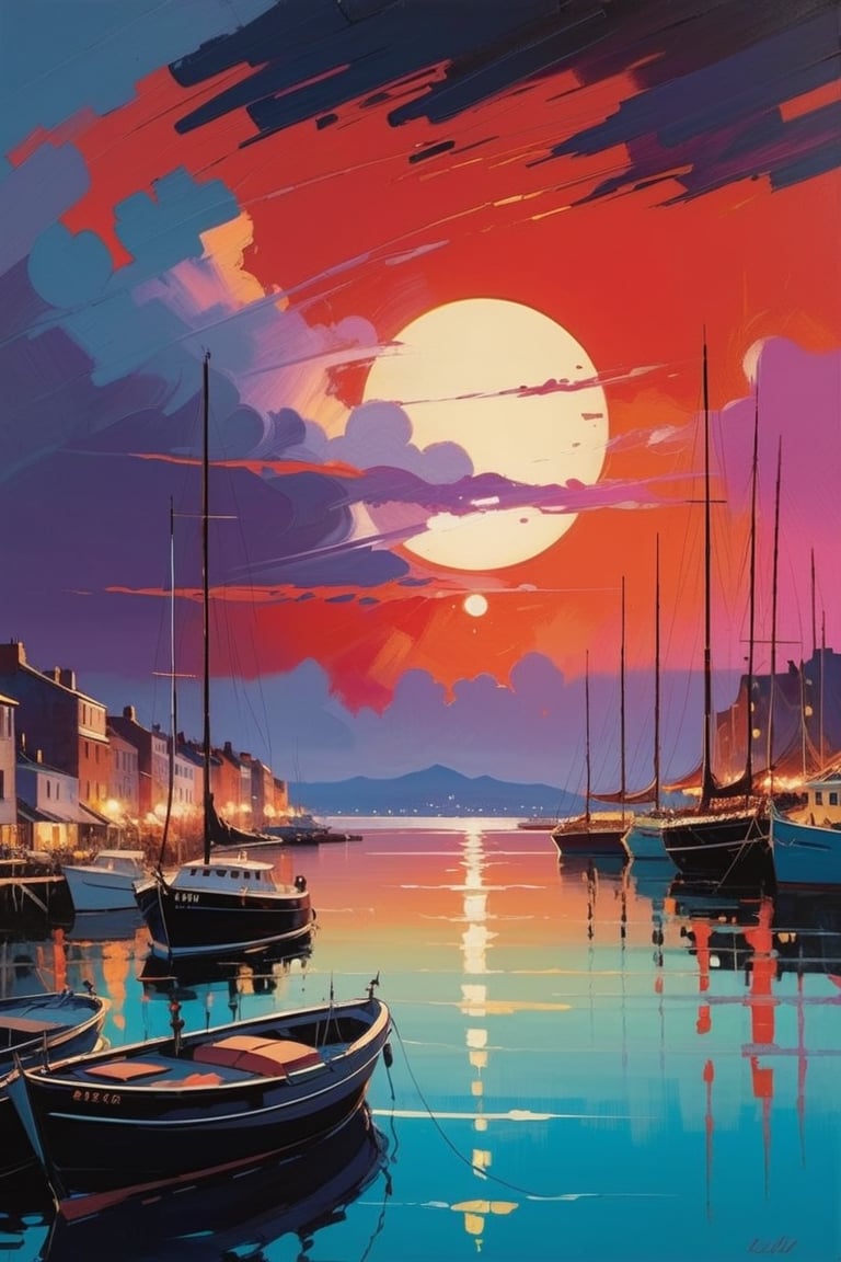 Dusk-lit harbor scene with swirling skies, oil painting by Peter Wileman, side by side with a stylized emotion-driven portrait, Keith Negley's bold color contrasts, adjacent to a futuristic film poster with Art Deco elements, Martin Ansin's touch, all exhibiting sharp textures, digital render, dramatic lighting, ultra detailed,red,light,firefliesfireflies,High detailed