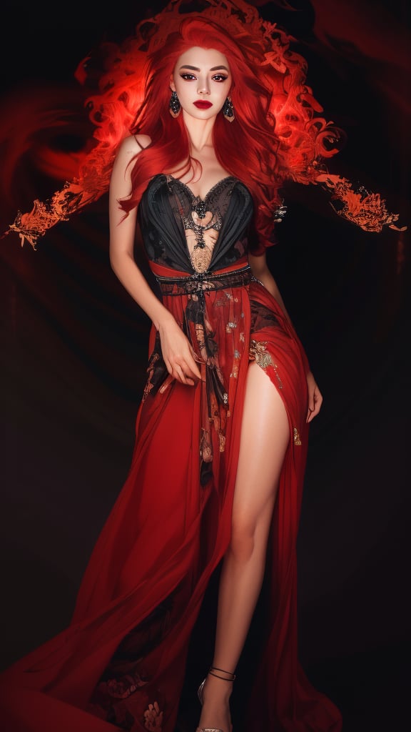 (Masterpiece - Ultra-Detailed, High Resolution) ((vivid red hair)), mature woman, 30 years old, diamond face, red starry sky background, depth of field, magic, big red lips, ((dark and black eyes)) black and red long and full dress, covered chest, mystical atmosphere, ominous shadows, Intense blue aura, Intense red aura (best quality:1.2), absurdres, intricate details, (highly detailed skin:1.2), smile expression, posing, taut and well defined body, attractive. Highly realistic, white skin, beautiful, hyperrealism, skin very elaborated, direct gaze