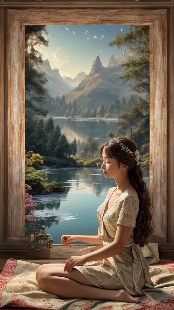 A serene still life of a lone girl, lost in thought as she sits on a blanket by the tranquil lake's edge, surrounded by muted hues of sandy beige and weathered wood. Her figure stretches out hyperrealistic intricate details, as if frozen in mid-twist, amidst a tapestry of lush greenery. The masterpiece unfolds before us, with every stroke of brushwork meticulously rendered to evoke an air of quiet contemplation.midjourney