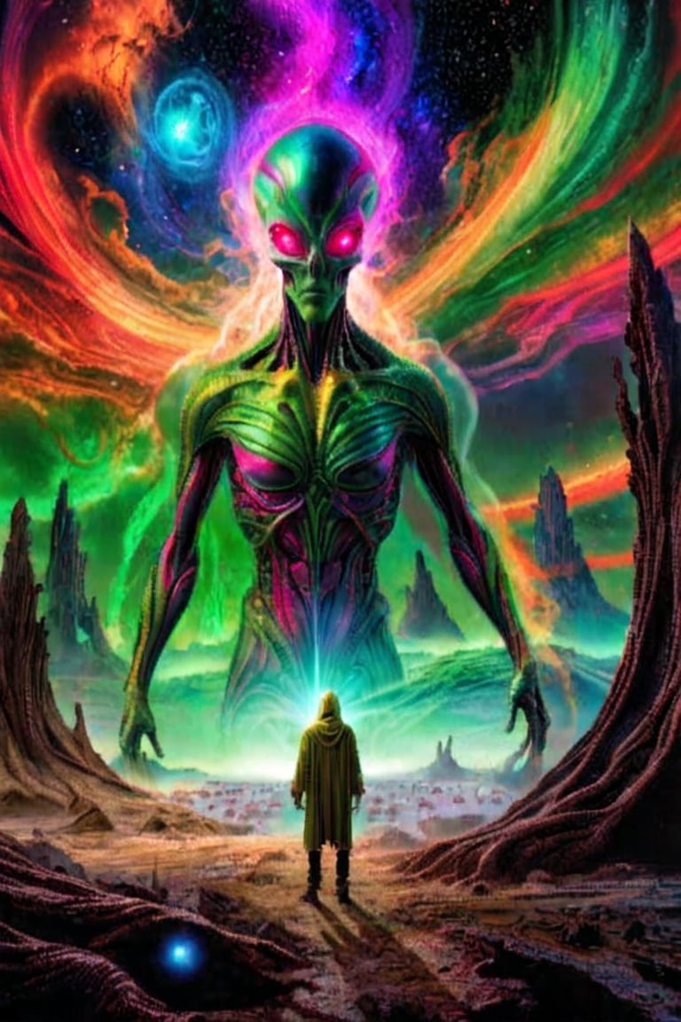A surreal and alien landscape inspired by the chaotic and intricate style of Hieronymus Bosch,  but reimagined with otherw...