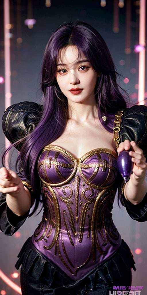 sexy enchanting sorceress in black dress posing for a picture, flowing purple hair, lush purple lips, mesmerizing blue eyes, almond shaped eyes, highly detailed eyes, curvy, looking at viewer, coy smile, purple haired sorceress, young, beautiful, powerful, magical woman, dark fantasy, sexy girl, super villain, real, high detail, best quality