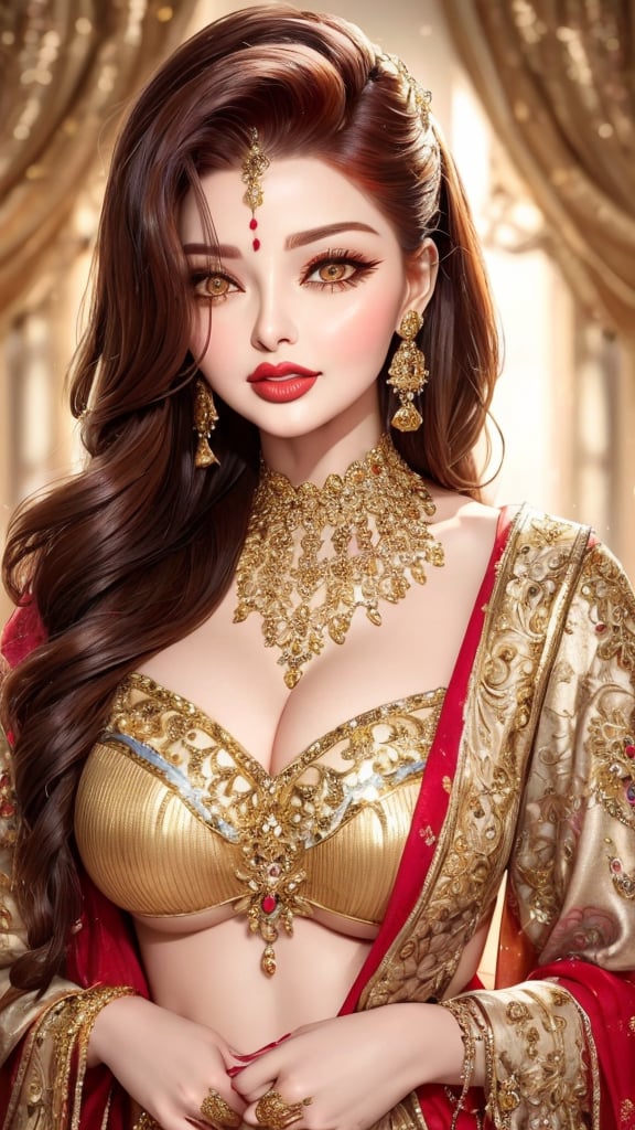 **Goddess of Gold**
   - **Appearance:** A radiant woman with golden eyes, adorned in an outfit of gold and white, symbolizing purity and wealth. Her makeup is luxurious, with gold eyeshadow and shimmering gold lips.
   - **Details:** Her hair is long and luxurious, streaked with shades of gold and platinum, resembling molten metal. The play of light and shade adds a metallic sheen to her appearance, with sunlight reflecting off her golden outfit.
   - **Composition:** The background is a vibrant palette of golds and whites, with intricate patterns adding depth. The entire scene captures the opulence and brilliance of gold, with sharp focus on her detailed face and body.(looks like Young Aishwaria rai:1.3),Kamini,(full body portrait:1.3)
