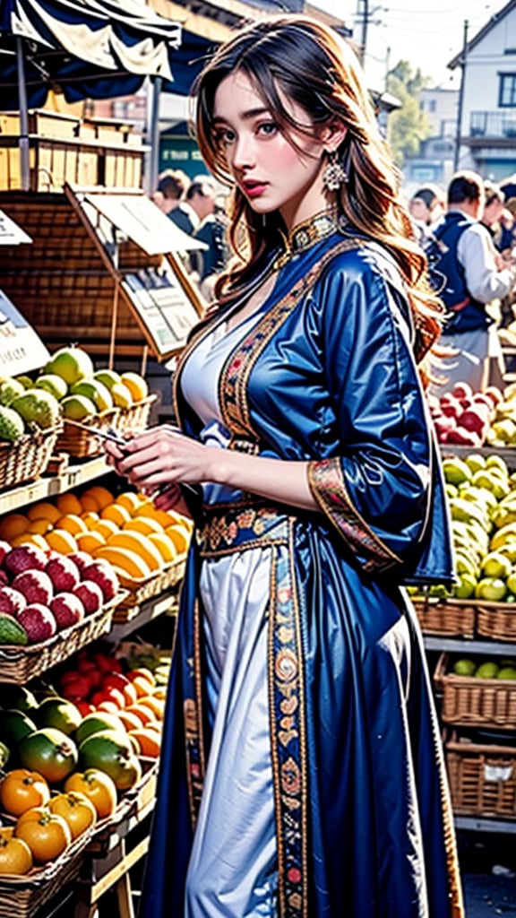 A medieval girl in traditional dress, vegetables and fruits, at a farmer's market, mysterious medieval, masterpiece,High detailed,watercolor,simplecats,swedish dress