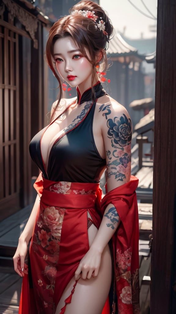 Image of a woman in her 50s with tattoos on her arms and wearing a dress, Inspired by Chen Yifei, Cinematic. Ren Jun, CGSociety and fenghua zhong, by ヤン・J, 🌺 CGSociety, Beautiful digital art, elegant Cinematic fantasy art, Very beautiful cyberpunk samurai, stunning CGSociety, Beautiful maiden, palace , Girl in Hanfu,