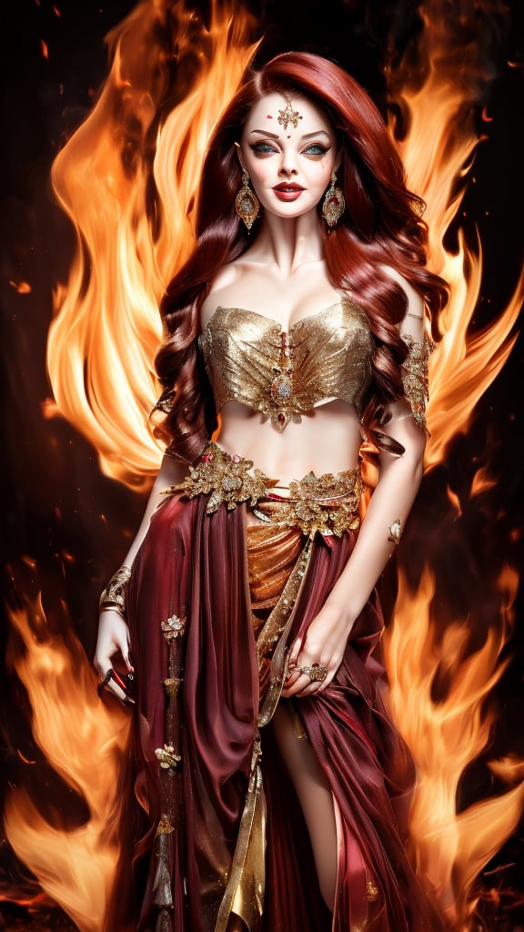 . **Goddess of Fire**
   - **Appearance:** A strikingly beautiful woman with an intense gaze, adorned in a highly contrasted outfit of deep reds and oranges, symbolizing flames. Her makeup is bold, with fiery eyeshadow and ruby-red lips.
   - **Details:** Her hair is long, streaked with shades of red, gold, and auburn, resembling dancing flames. The play of light and shade emphasizes her fiery nature, with sparkling sunlight casting a golden glow on her intricate outfit.
   - **Composition:** The background is a vibrant palette of reds and yellows, with a hint of blue to contrast. The entire composition captures the dynamic energy of fire, with sharp focus on her detailed face and body.GdClth,(looks like Young Aishwaria rai:1.3),(full body portrait:1.3)