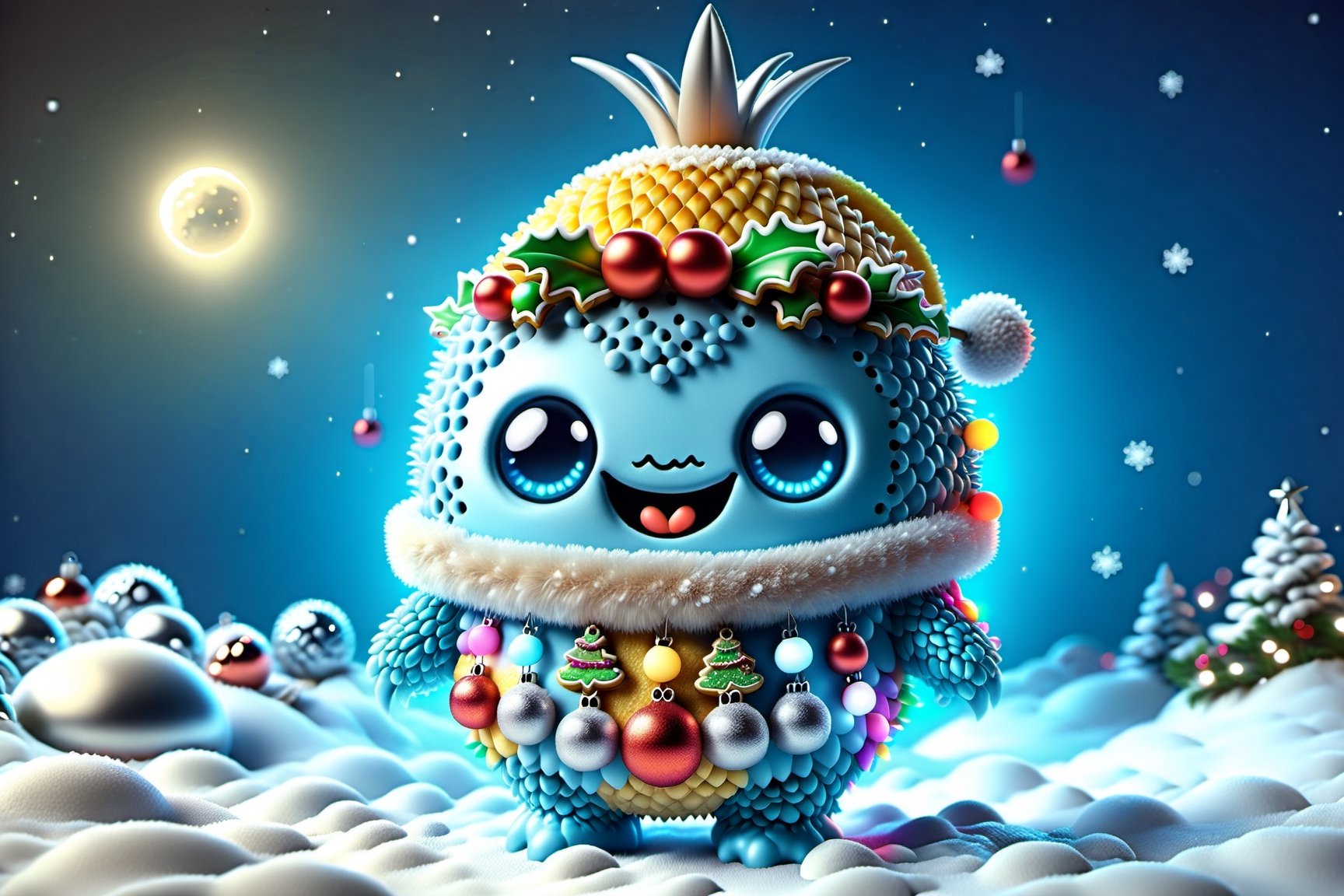 blue humanoid ananas with smiling face, 8k quality, christmas athmosphere, digital art,High detailed ,Illustration,Gingerbread_House,ral-chrcrts,moonster