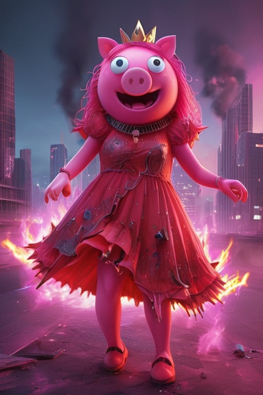 (full body 1.5) dark fantasy, Peppa Pig monster destroy a city, pink skin, red dress, shoulder free, big pig nose, holding teddy, looking at viewers, evil smiling, deadly looks, burning aura, dynamic pose, vibrant colors, maximum details, hyper realistic, trending on ArtStation, high quality render, octane render, 8k,LegendDarkFantasy