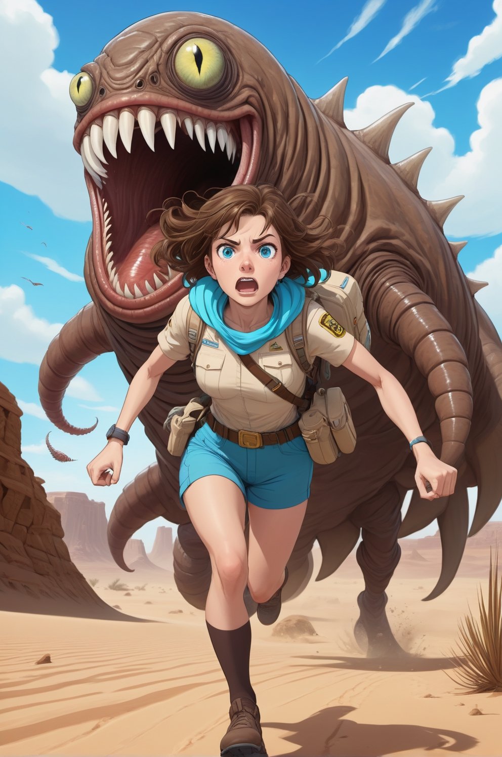 female explorer, hot desert, vibrant lighting, cyan eyes color, brown hair, scared look, weraring cape, high noon, running away from, giant monster worm in background, full body shot. very hot atmosphere,rebsonya,PEOPShockedFace