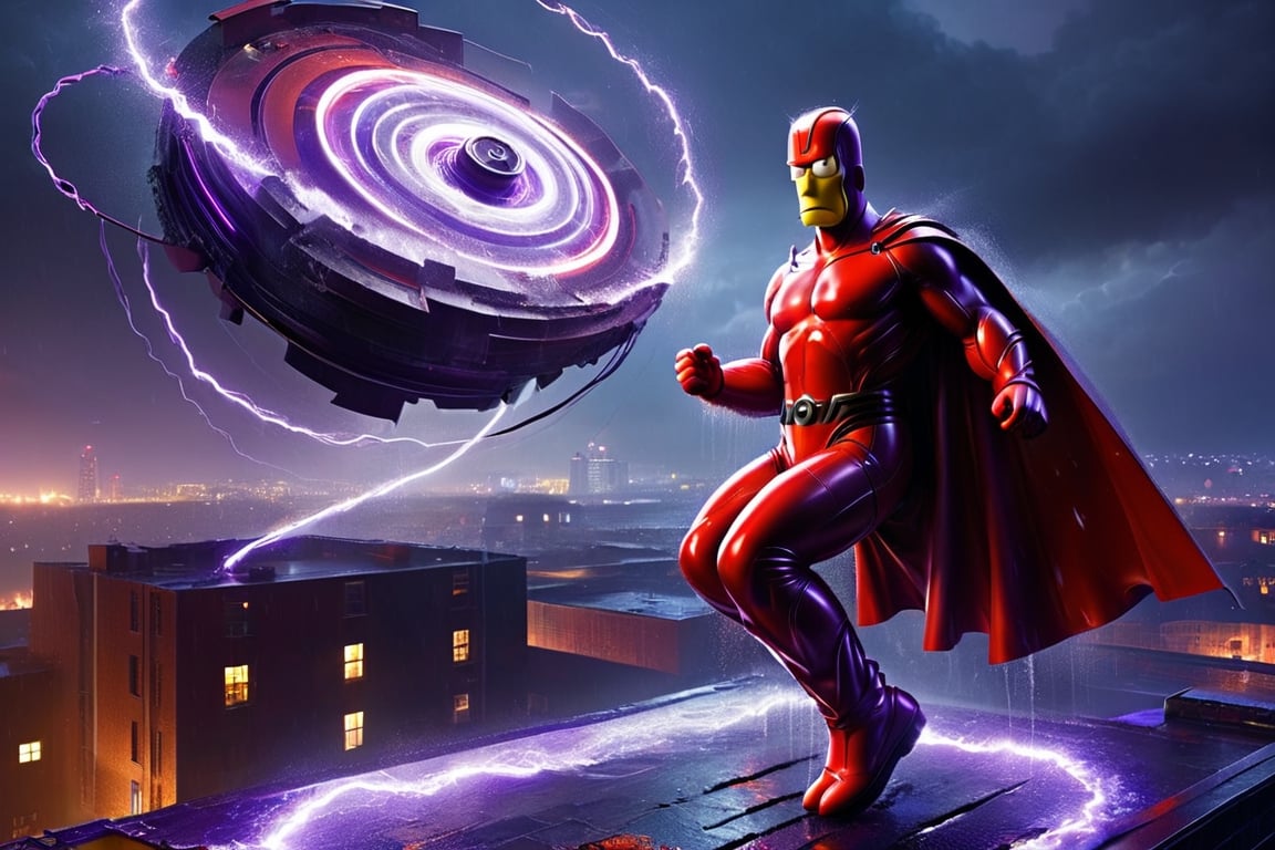 ((Homer Simpson)), dressed as Magneto from X-Men, floating over a rooftop, floating scrap metal, purple and red costume, rainy, nighttime, cinematic lighting, highly detailed, ultra-realistic, digital art, extreme detail, trending an deviant art, by David Finch, full body shot,DonM3l3m3nt4lXL