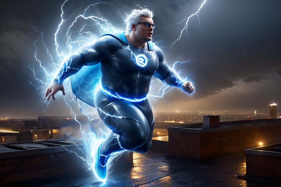 ((Peter Griffin)), dressed as Quicksilver from X-Men, running on a rooftop, lightnings appear from his body, bright blue costume, white lightning symbol on chest, rainy, nighttime, muted colors, dark tones, cinematic lighting, highly detailed, ultra-realistic, digital art, extreme detail, trending an deviant art, by David Finch, full body shot,DonM3l3m3nt4lXL