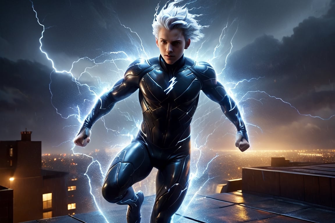 Quicksilver from X-Men, running on a rooftop, lightnings appear from his body, rainy, nighttime, muted colors, dark tones, cinematic lighting, highly detailed, ultra-realistic, digital art, extreme detail, trending an deviant art, by David Finch, full body shot,DonM3l3m3nt4lXL