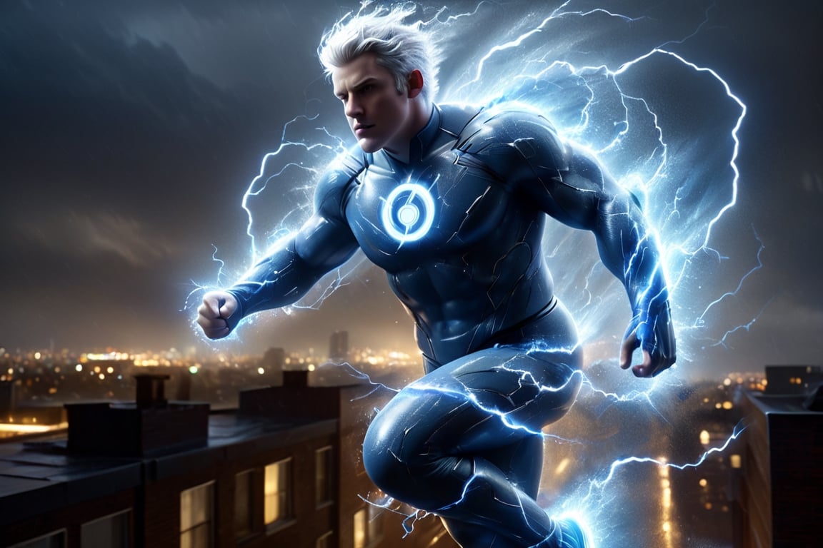 Peter Griffin as Quicksilver from X-Men, running on a rooftop, lightnings appear from his body, bright blue costume, white lightning symbol on chest, rainy, nighttime, muted colors, dark tones, cinematic lighting, highly detailed, ultra-realistic, digital art, extreme detail, trending an deviant art, by David Finch, full body shot,DonM3l3m3nt4lXL