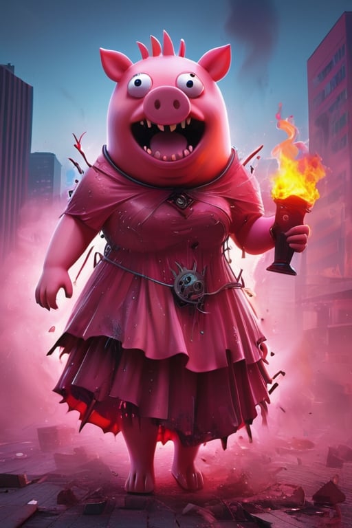 (full body 1.5) dark fantasy, Peppa Pig monster destroy a city, pink skin, red dress, shoulder free, sharp teeth, big pig nose, holding teddy, looking at viewers, evil smiling, deadly looks, burning aura, dynamic pose, vibrant colors, maximum details, hyper realistic, trending on ArtStation, high quality render, octane render, 8k,LegendDarkFantasy