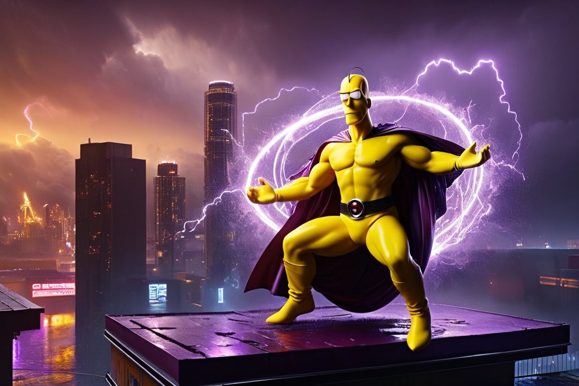 ((Homer Simpson)), dressed as Magneto from X-Men, yellow skin color, floating over a rooftop, floating scrap metal, purple and red costume, rainy, nighttime, cinematic lighting, highly detailed, ultra-realistic, digital art, extreme detail, trending an deviant art, by David Finch, full body shot,DonM3l3m3nt4lXL