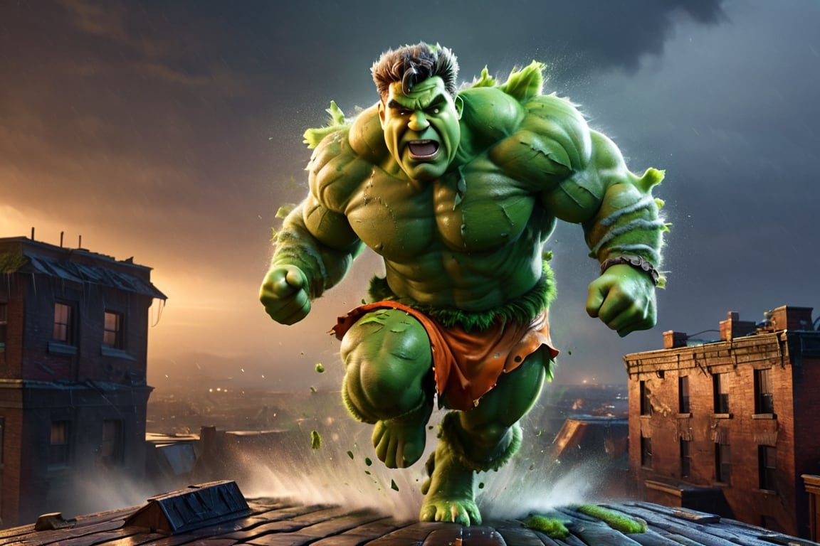 ((Fred Flintstone)), as Hulk, running over a rooftop, the ground breaks because of his stomping, screaming, rainy, nighttime, cinematic lighting, highly detailed, ultra-realistic, digital art, extreme detail, trending an deviant art, by David Finch, full body shot,DonM3l3m3nt4lXL,more detail XL