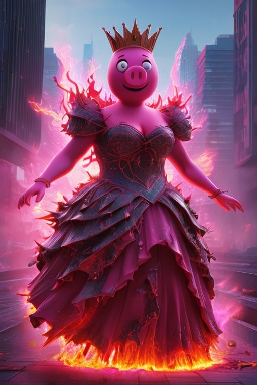 (full body 1.5) dark fantasy, Peppa Pig monster destroy a city, pink skin, red dress, looking at viewers, evil smiling, deadly looks, burning aura, dynamic pose, vibrant colors, maximum details, hyper realistic, trending on ArtStation, high quality render, octane render, 8k,LegendDarkFantasy