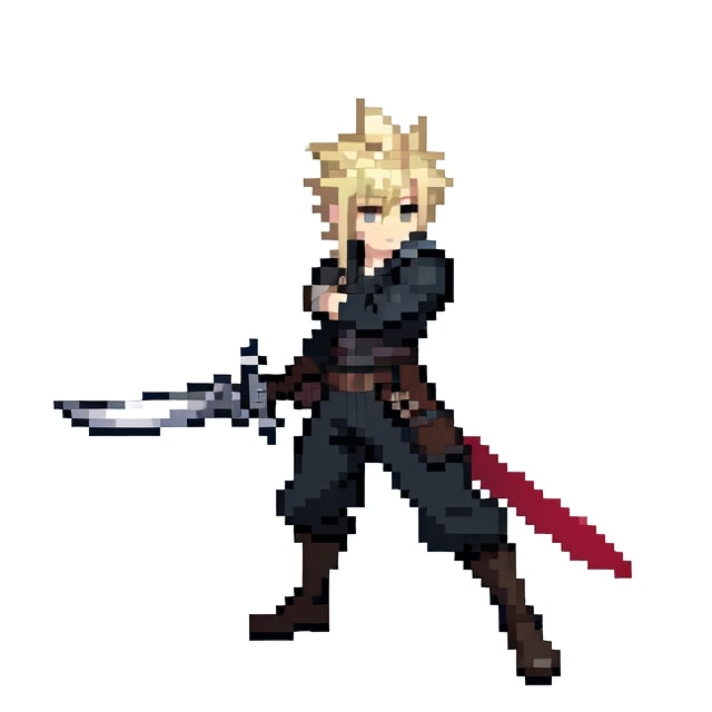 cloud strife, holding big sword, white background, full body shot