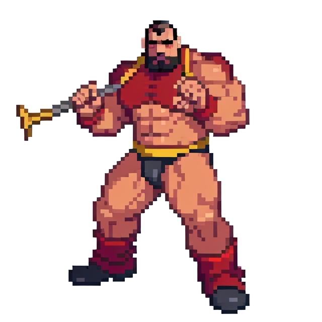 zangief, holding crowbar, white background, full body shot