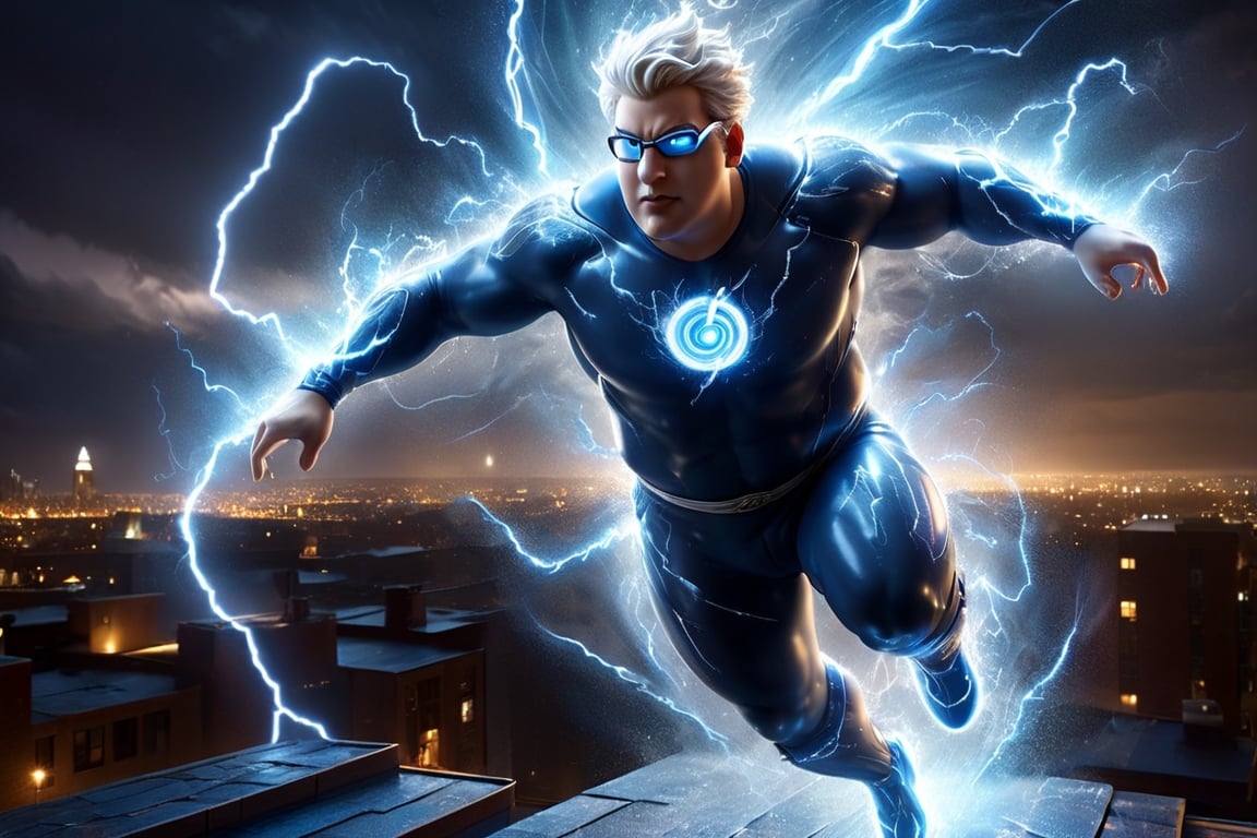 ((Peter Griffin)), dressed as Quicksilver from X-Men, running on a rooftop, lightnings appear from his body, bright blue costume, white lightning symbol on chest, rainy, nighttime, cinematic lighting, highly detailed, ultra-realistic, digital art, extreme detail, trending an deviant art, by David Finch, full body shot,DonM3l3m3nt4lXL