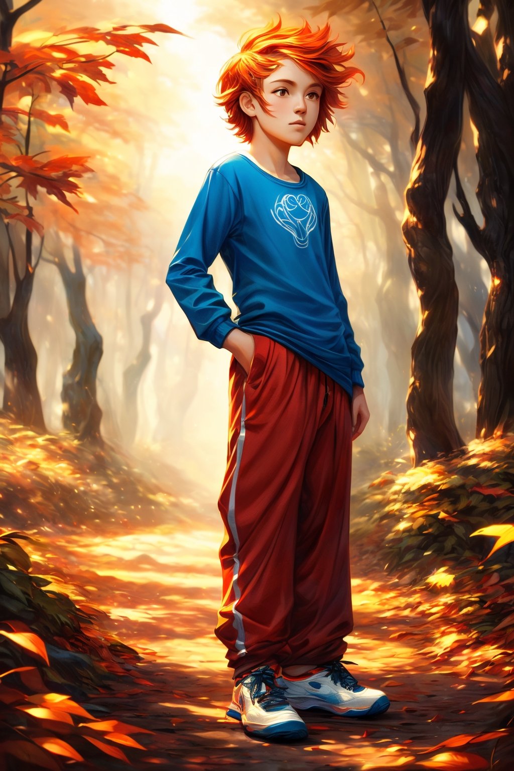 human, reddish colors, portrait, 1 child, fox, realistic, human face, (peach fur), carefree, fox ears, fox tail, red-haired child, ((orange hair, short hair, disheveled hair)), eyes red, ((Clothes from the 2010s, long-sleeved t-shirt, blue t-shirt, baggy pants, red pants, white tennis shoes (tan)), surrounded by trees, forest in autumn, red hour, ground full of leaves art_nouveau, architecture art nouveau, art nouveau designs, pose, cute, dreamy, full background, perfect hands, landscape, (gradients), focus face, Human, FurryCore,