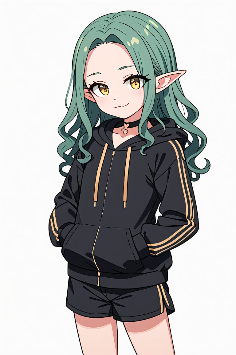 score_7_up, score_6_up, score_5_up, 1girl, solo, green_hair, very_long_hair, hair_slicked_back, forehead, wavy_hair, (gold_eyes:1.2), loli, pointed_ears, black_choker, white_underwear, black_hoodie, open_hoodie, open_jacket, long_sleeves, shorts, blue_pants, standing, smile, :3, fantasy, simple_background, (white_background:1.4)