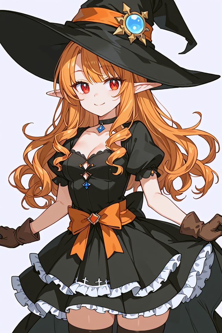 score_9, score_8_up, score_7_up, RANCEX, 1girl, solo, orange_hair, long hair, curly hair, red_eyes, elf, pointed ears, cute, kawaii, tsurime, black hat, witch, black dress, black_choker, short sleeves, puffy_short_sleeves, brown_gloves, mini_skirt, zettai_ryouiki, thighhighs, standing, smile, closed mouth, white background, simple background