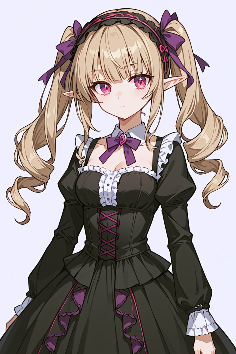 score_9, score_8_up, score_7_up, RANCEX, 1girl, solo, light brown hair, long hair, twintails, drill hair, magenta eyes, cute, kawaii, tsurime, elf, gothic lolita, hairband, black dress, collared, purple bow, long sleeves, skirt, frills, standing, white background, simple background