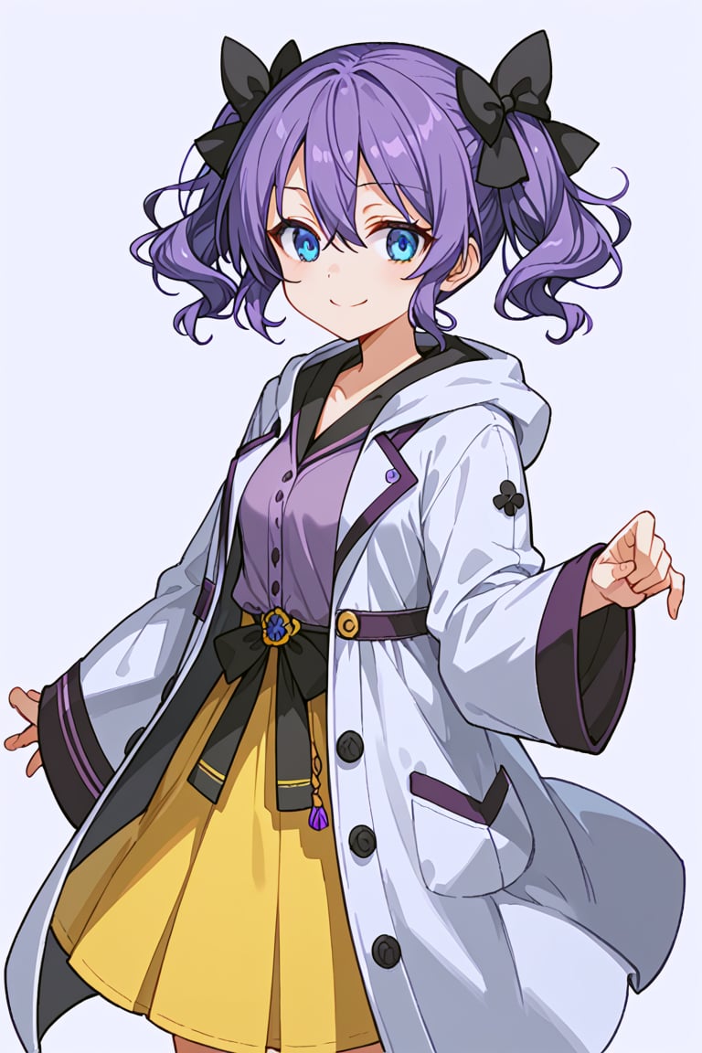 score_9, score_8_up, score_7_up, RANCEX, 1girl, solo, purple hair, short twintails, wavy hair, hair between eyes, blue eyes, cute, kawaii, (black bow, hair bow), (white coat, open coat, robe, hoodie, long sleeves, wide sleeves), (purple clothes), miniskirt, yellow skirt, sorcerer, standing, smile, fantasy, white background, simple background