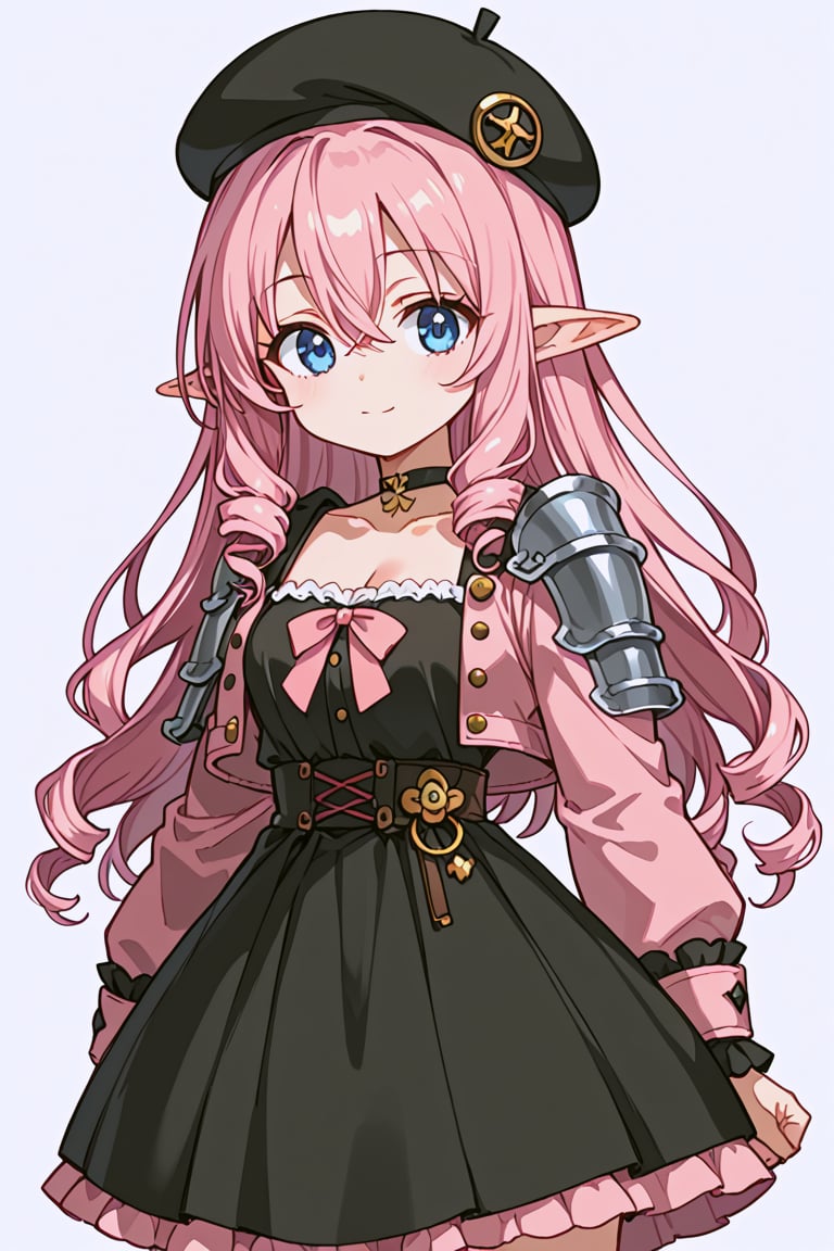 score_9, score_8_up, score_7_up, RANCEX, 1girl, solo, pink hair, long hair, drill hair, hair between eyes, blue eyes, cute, kawaii, tareme, Gnome, short stature, big round ears, black hat, beret, black_choker, black dress, pink jacket, cropped_jacket, open jacket, shoulder armor, miniskirt, standing, white background, simple background