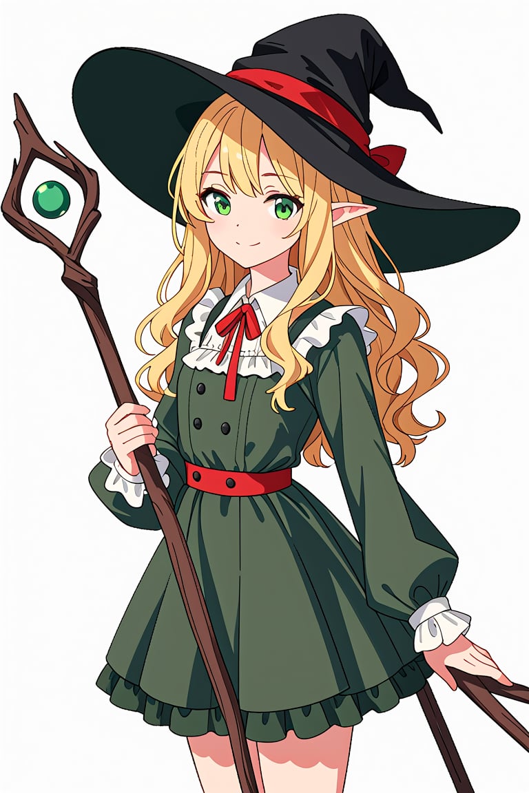 score_7_up, score_6_up, score_5_up, 1girl, solo, blonde_hair, long_hair, (wavy_hair:1.1), green_eyes, elf, witch_hat, black_hat, red_ribbon, green_dress, collared_dress, long_sleeves, white_sleeves, black_frills, mini_skirt, standing, smile, closed_mouth, white_background, staff, holding_weapon