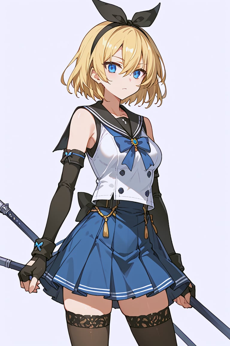 score_9, score_8_up, score_7_up, RANCEX, 1girl, solo, blonde hair, short hair, hair between eyes, blue eyes, tsurime, (black bow, hair bow, hairband), white_clothes, sailor_dress, black sailor collar, blue bow, sleeveless, black gloves, elbow gloves, fingerless gloves, blue skirt, miniskirt, thighhighs, zettai_ryouiki, standing, kunoichi, white background, simple background