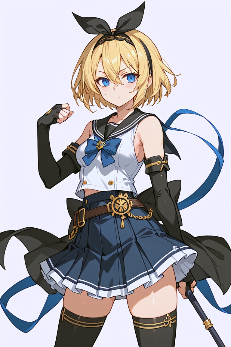 score_9, score_8_up, score_7_up, RANCEX, 1girl, solo, blonde hair, short hair, hair between eyes, blue eyes, tsurime, (black bow, hair bow, hairband), white_clothes, sailor_dress, black sailor collar, blue bow, sleeveless, black gloves, elbow gloves, fingerless gloves, blue skirt, miniskirt, thighhighs, zettai_ryouiki, standing, kunoichi, white background, simple background