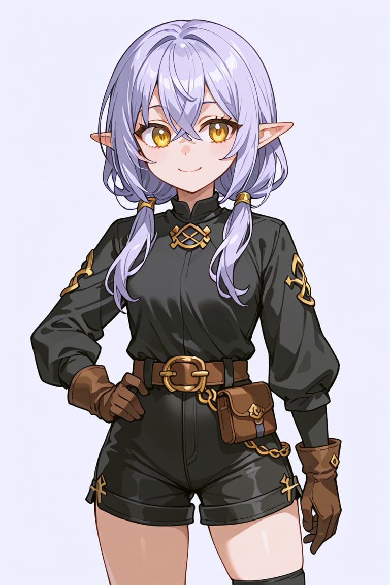 score_9, score_8_up, score_7_up, RANCEX, 1girl, solo, light violet hair, low twintails, crossed bangs, long hair, halfling, short stature, gold eyes, cute, kawaii, pointed ears, (black bodysuit, long sleeves, shorts), brown gloves, leather belt, standing, smile, closed mouth, white background, simple background