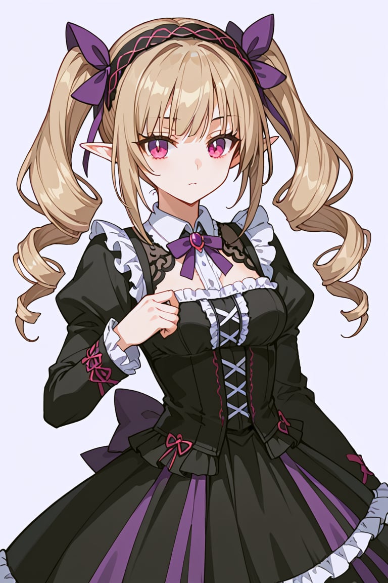 score_9, score_8_up, score_7_up, RANCEX, 1girl, solo, light brown hair, long hair, twintails, drill hair, magenta eyes, cute, kawaii, tsurime, elf, gothic lolita, hairband, black dress, collared, purple bow, long sleeves, skirt, frills, standing, white background, simple background