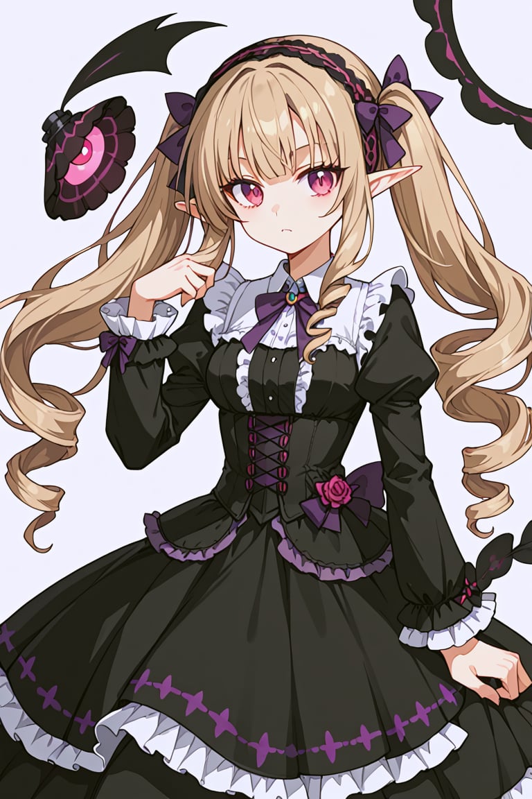 score_9, score_8_up, score_7_up, RANCEX, 1girl, solo, light brown hair, long hair, twintails, drill hair, magenta eyes, cute, kawaii, tsurime, elf, gothic lolita, hairband, black dress, collared, purple bow, long sleeves, skirt, frills, standing, white background, simple background