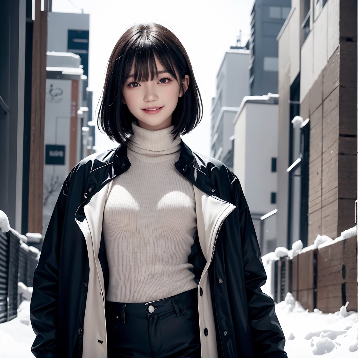 Fractal art that is mesmerizing and visually stunning. Official art. Masterpiece. 4K high resolution rendering. One Japanese girl. 17 years old. Black hair (straight, shoulder-length, bangs). Black eyes. Round jaw, small mouth. Low stature, small breasts, beautiful legs. Smile.
She is wearing a black down_jacket. White turtleneck_sweater. Long pants. She is standing in a city covered in snow. Solo. Cowboy_shot.