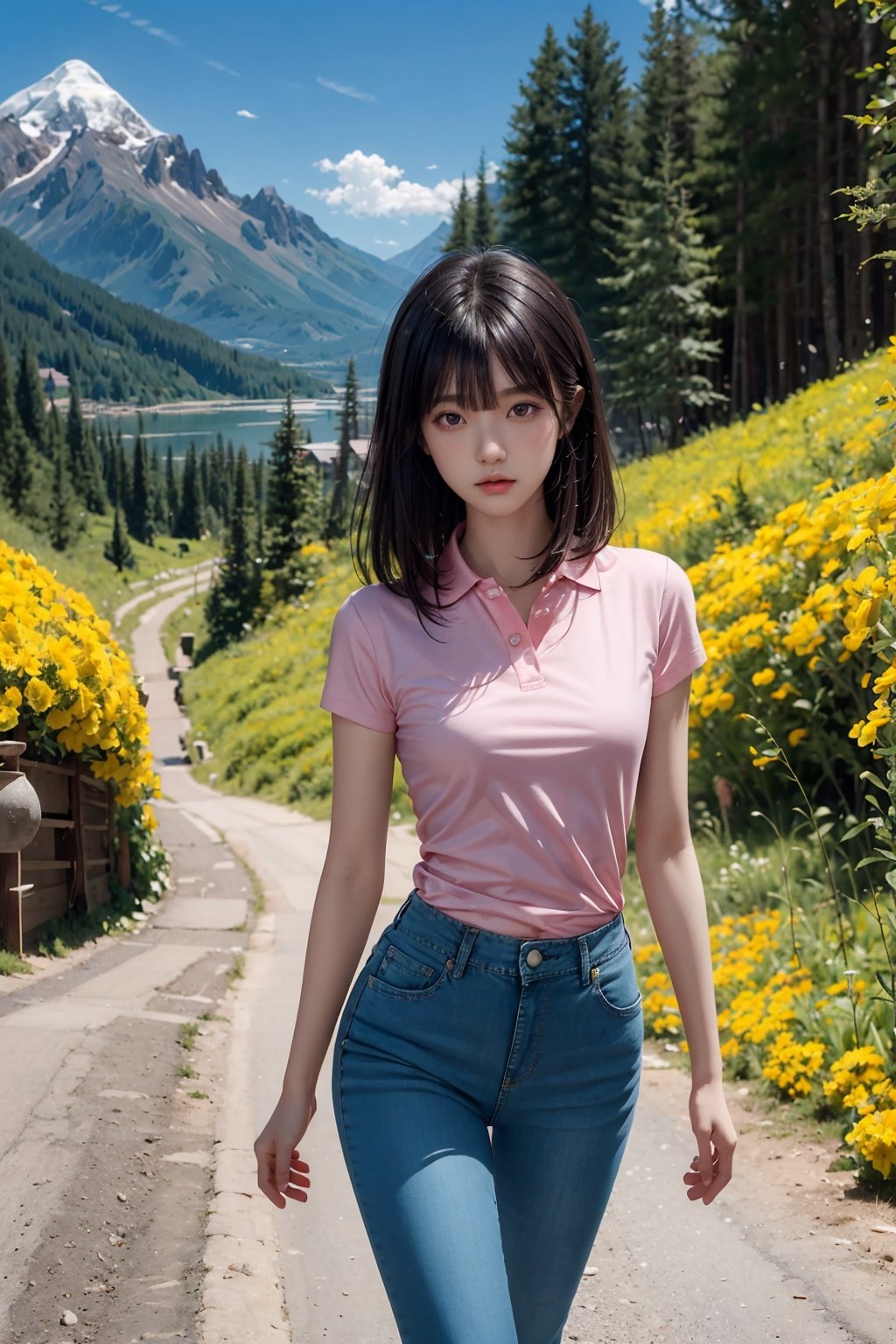 Fractal art that is mesmerizing and visually stunning. Official art, masterpiece. 4K high resolution rendering. One Japanese girl. 17 years old. Black hair (straight, mid-length, bangs). Black eyes. Low stature, small breasts.
Polo_shirt(Pink color). Long denim_pants. She is climbing a gentle slope. A winding road on a plateau in summer. Mountains and forests in the distance. Yellow flowers. Blue sky. Solo. Cowboy_shot.