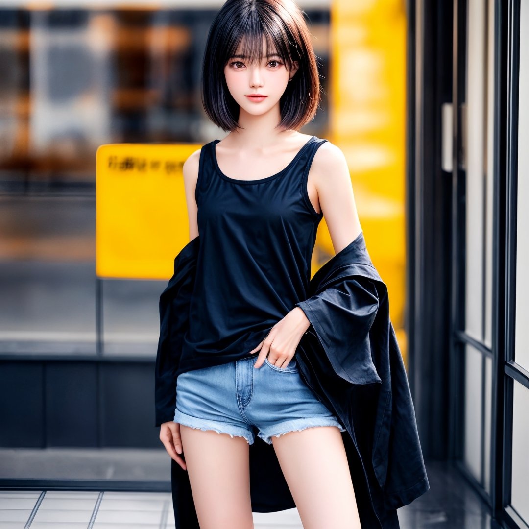 Beautiful Japanese female, 20 years old. Height 155 cm, small head, well-proportioned. Straight black hair, medium bob, elaborately drawn face, dark eyes, short eyelashes, small breasts, beautiful legs.
She stands alone in Sapporo, Japan. She has a rugged expression on her face.
She is neatly dressed in casual, simply designed clothing.
Five toes. two legs. Cowboy shot, 4K high quality rendering.