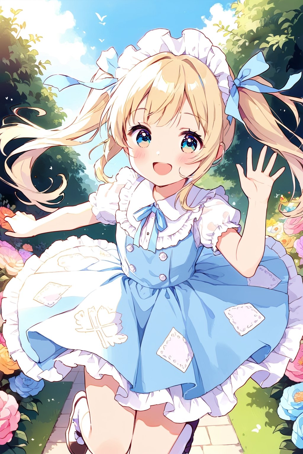 ((masterpiece)), ultra detailed, best quality, 8k, high resolutionl, aesthetic, pastel, 1girl, 10age, smile, ((cute eyes)), ((kawaii)), cute, ((lovey)), twintail, beautiful detailed face, (alice dress), jumping, garden, 