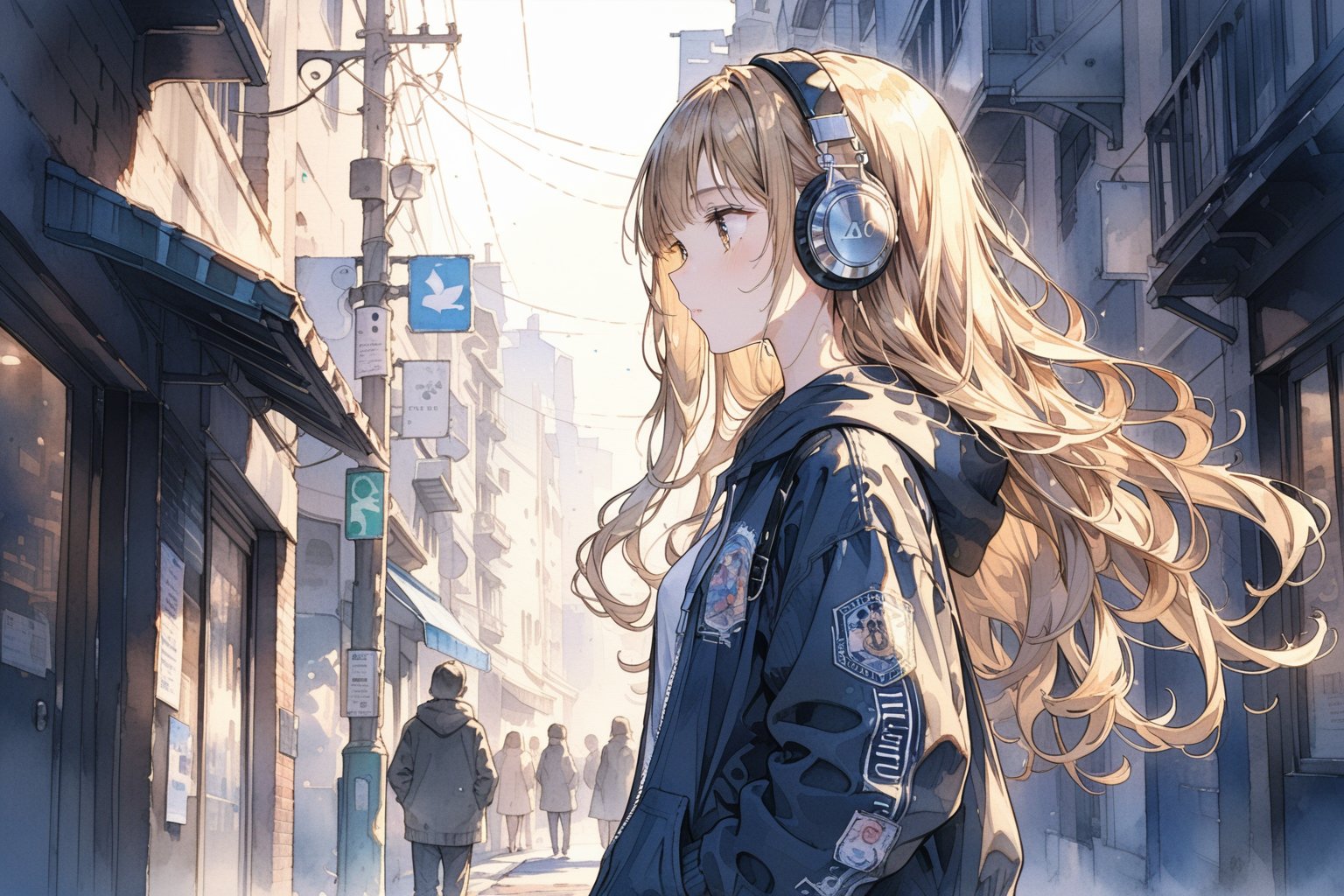 masterpiece, extremely detailed, best quality, 8k, absolutely resolution, super beautiful illustration, aesthetic, watercolor, 1girl, cute, long hair, hoodie, headphone, street, from side, 