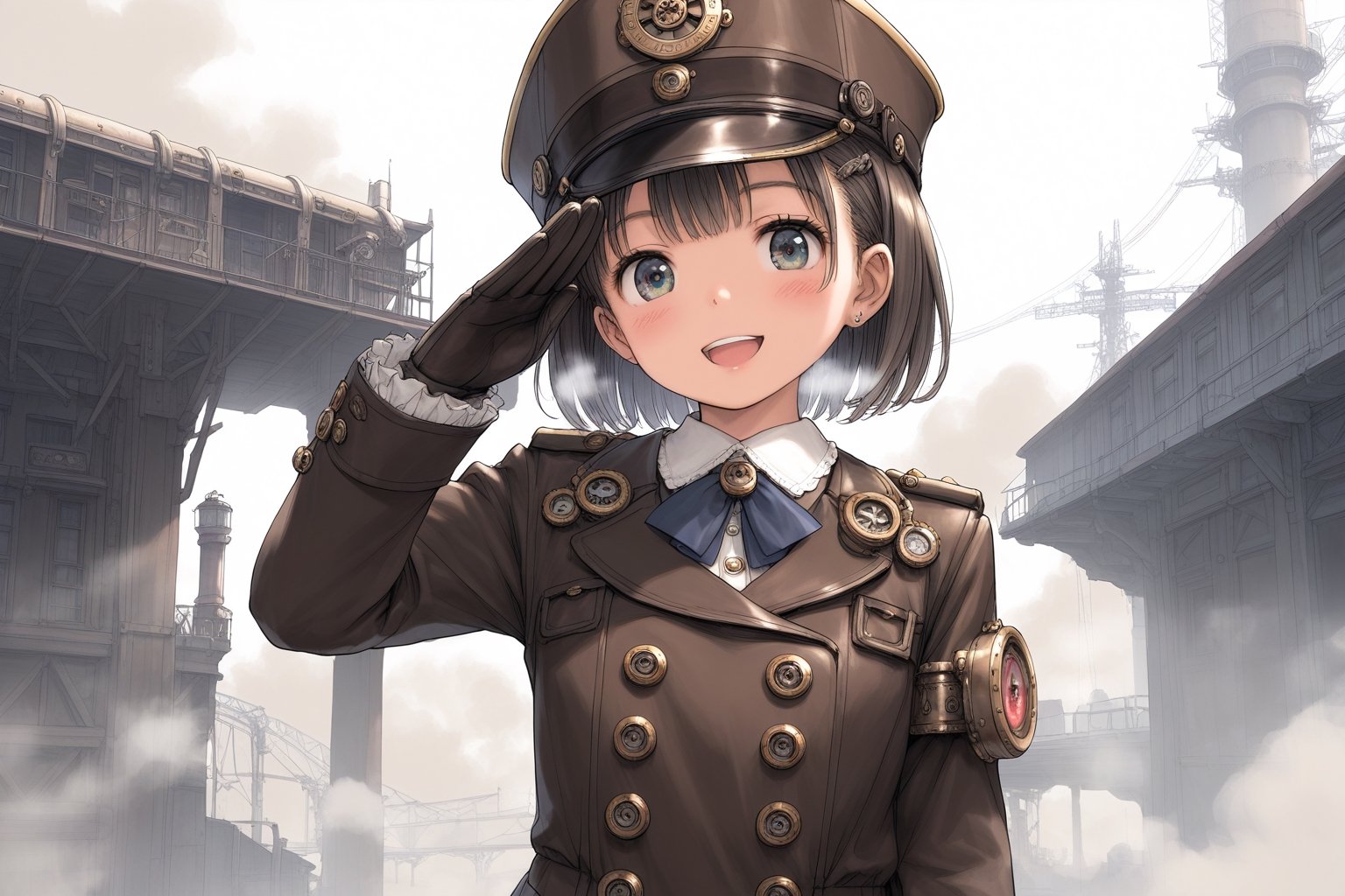 score 9, score 8 up, score 7 up,  source anime, ((masterpiece)), ultra detailed, best quality, 8k, high resolutionl, high detailed eyes, (steampunk), (((1girl))), 12age, kawaii, bob, uniform cap, steampunk dress, salute, (steam locomotive), station, fog, dim, 