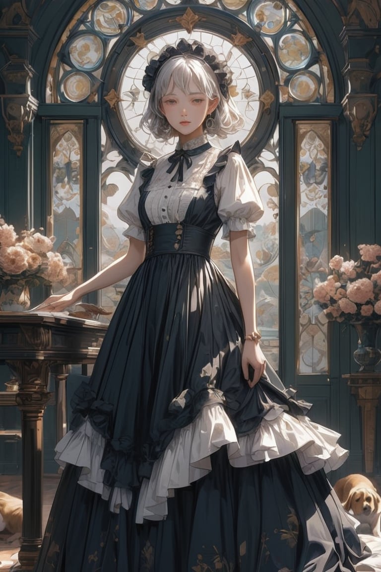 Maid Dress Outfit:  Here's an ultra-detailed, high-quality description of a maid dress outfit with various additional elements:  The maid dress is a masterpiece of design, meticulously crafted with intricate details and the best quality materials. It features a black color scheme with white accents, giving it a classic and elegant look. The dress has a fitted bodice that beautifully accentuates the figure, while the flared skirt flows gracefully around the legs.  The maid dress is complemented by a white apron that ties around the waist. The apron is adorned with delicate lace and ruffled details, adding a touch of femininity and charm. Additionally, a jumper skirt option is available, with a black or dark-colored skirt worn over a white blouse, providing a stylish and versatile alternative.  To complete the maid ensemble, a head dress is included. This head dress can be a small white cap or a headband adorned with bows or lace, exuding a sense of sophistication and tradition. It can be positioned on top of the head or secured in the hair, adding the perfect finishing touch.  For the highest level of detail, the outfit is portrayed in absurdly high resolution, allowing every intricate element to be appreciated. The maid is depicted as an elf with silver or white hair, styled in a fashionable bob cut. She is shown in a full-body pose, standing confidently alone.  The background is kept simple, featuring a subtle wallpaper design that enhances the overall aesthetic. It maintains a clean and elegant look, allowing the focus to remain on the maid and her outfit.  To add an art nouveau influence, the outfit incorporates elements inspired by the renowned William Morris style. This includes intricate floral patterns, flowing lines, and organic shapes that exude a sense of grace and beauty.  The maid is depicted in a cowboy-shot perspective, capturing her from a slightly lower angle for a dynamic and captivating composition.  In the scene, there are multiple copies of the maid, creating a tiled style effect. This emphasizes the maid's presence and adds an artistic flair to the overall composition.  As for accessories, the maid is wearing pants with a floral print, adding a modern twist to the traditional maid attire. She adorns her hair with delicate flowers, and the background features a beautiful floral motif, creating a harmonious and enchanting atmosphere.  The maid's appearance is undeniably kawaii, radiating an endearing and adorable charm. Her outfit is adorned with pin tacks, stitches, and rings, showcasing attention to detail and personal style. Additionally, she is captured in a moment of prayer, exuding a serene and contemplative aura.  The scene includes plants and a desk, providing a serene and inviting setting. The maid's flat chest and slim body contribute to her elegant and graceful silhouette.  For a unique touch, the maid has dog ears and vibrant green hair styled in a bob cut. Her silver eyes shine with a captivating gaze, adding a touch of mystery and allure.  She wears a white gown that drapes beautifully around her figure, further enhancing the elegance and sophistication of the outfit.  To add a sense of movement and liveliness, there is ample space above the maid's head, allowing for a dynamic composition and a visually pleasing balance.  Finally, the maid's dress features flounces that add a sense of playfulness and movement. Each flounce is meticulously designed and positioned, creating an exquisite and eye-catching effect.  Overall, the maid dress outfit presented here is a true masterpiece, combining intricate details, a kawaii aesthetic, and art nouveau influences. It creates a visually stunning and captivating portrayal of a maid in a charming and enchanting setting.